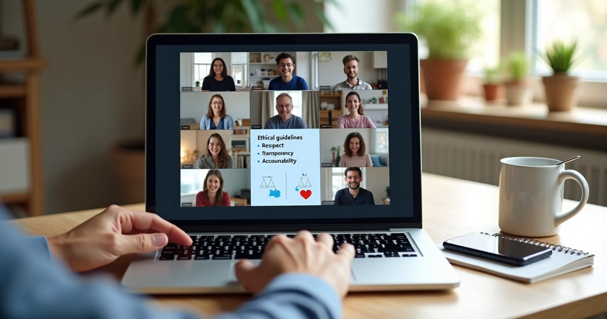 Remote team on video call collaborating around shared digital ethics guidelines 