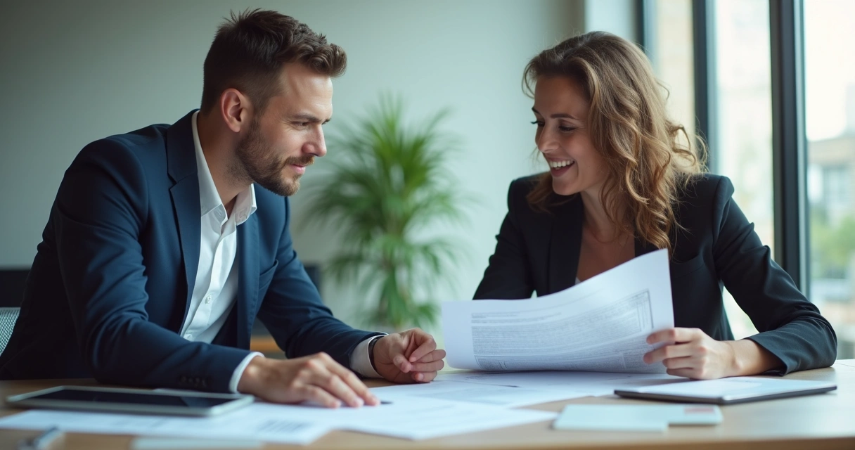 Two business professionals discussing reputation repair strategies in a modern office