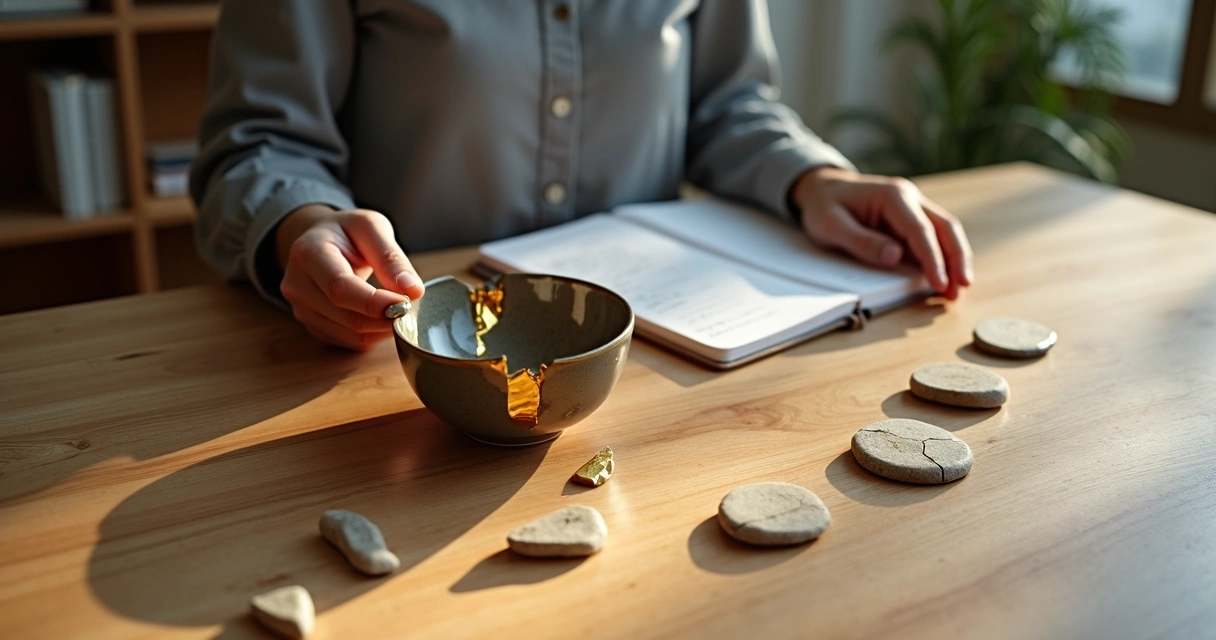 Person examining broken ceramic with golden repair lines on a table 