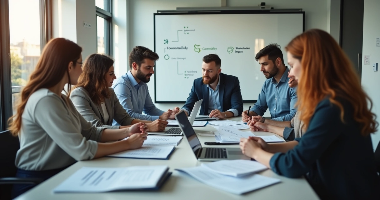 Team in a meeting room reviewing documents and discussing ethical reporting 