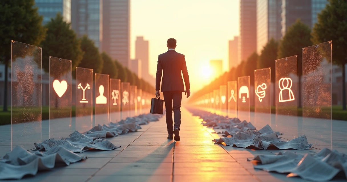 Business person walking on a path lined with broken headlines transforming into symbols of trust 