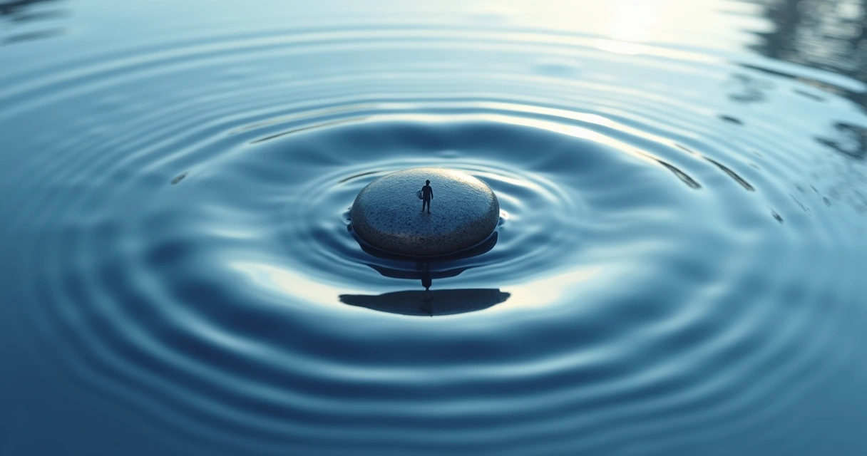 Ripples spreading from a pebble in calm water, with human figures reflected 