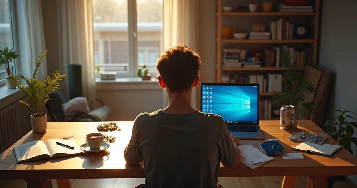 Person at home desk choosing between mindful routine and distracting habits 