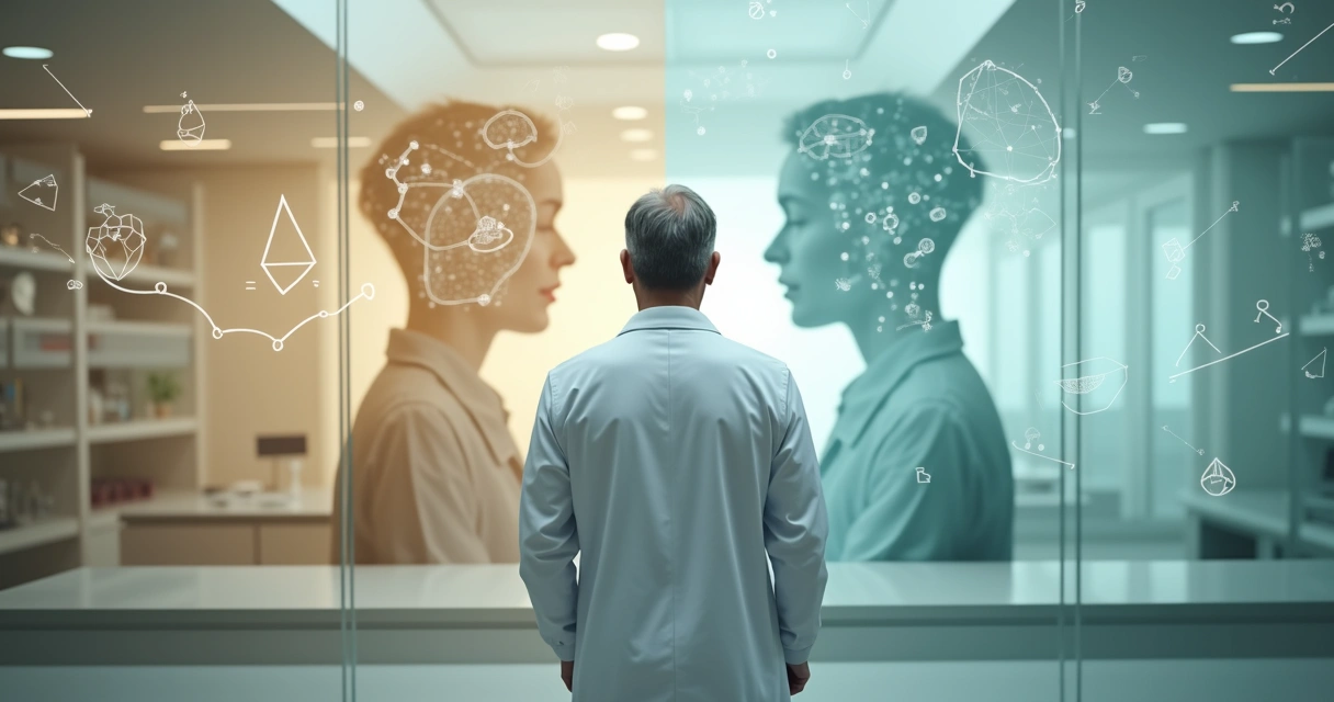 Scientist facing a reflective silhouette blending human self and scientific symbols 