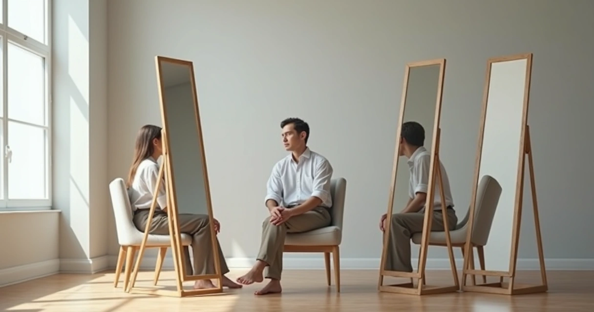 Person reflected in multiple mirrors symbolizing ethical self-dialogue 