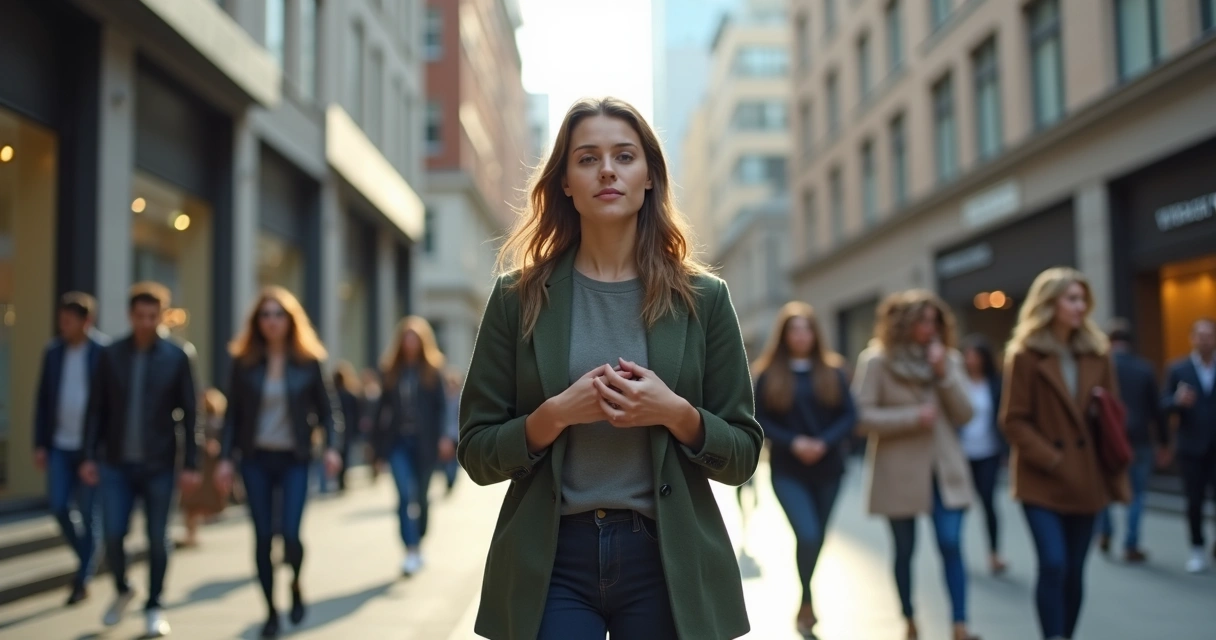 Person in thoughtful pause amid city crowd symbolizing ethical self leadership in daily interactions 