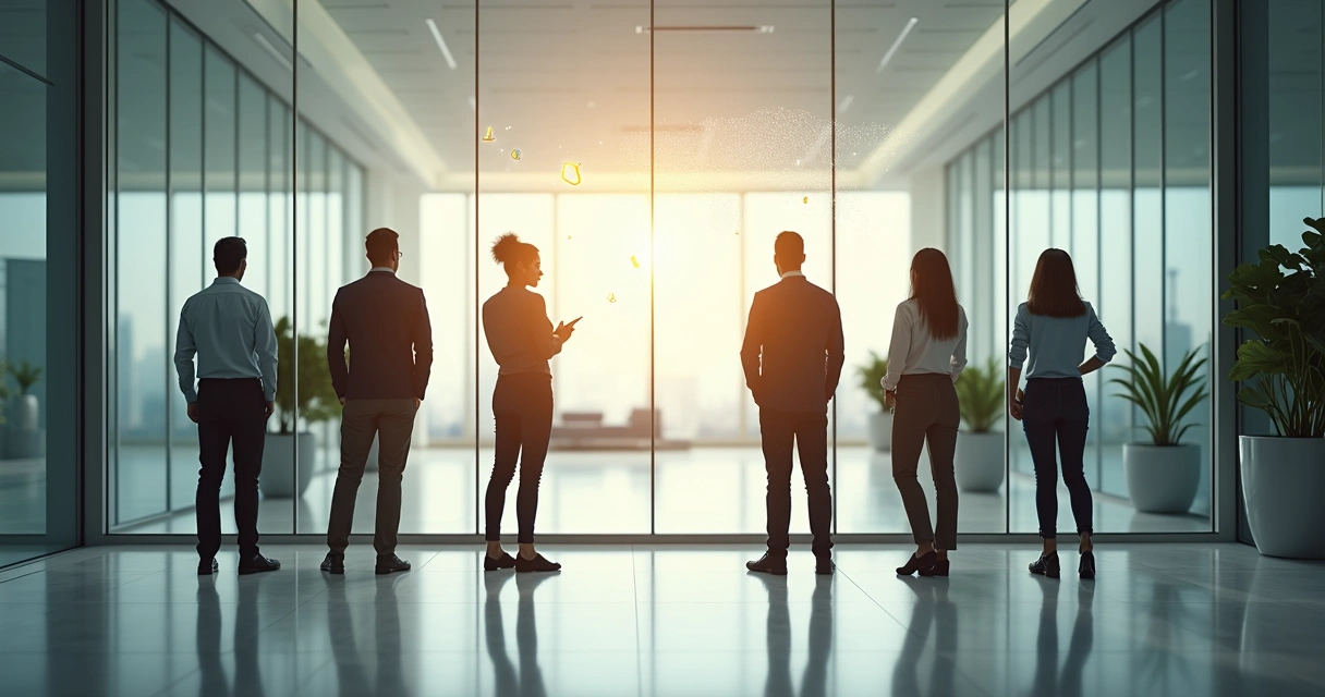 Business team blocked by a wall symbolizing organizational stagnation 
