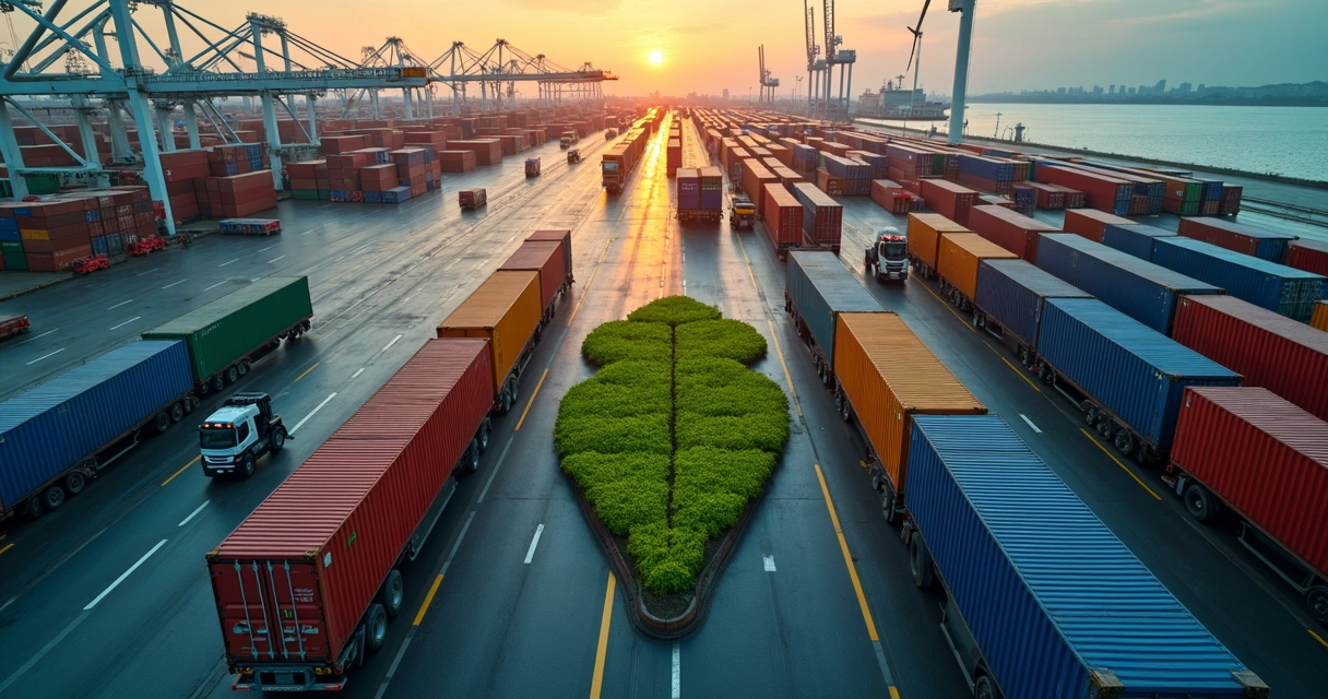 Cargo containers forming a leaf shape in a sustainable port terminal 