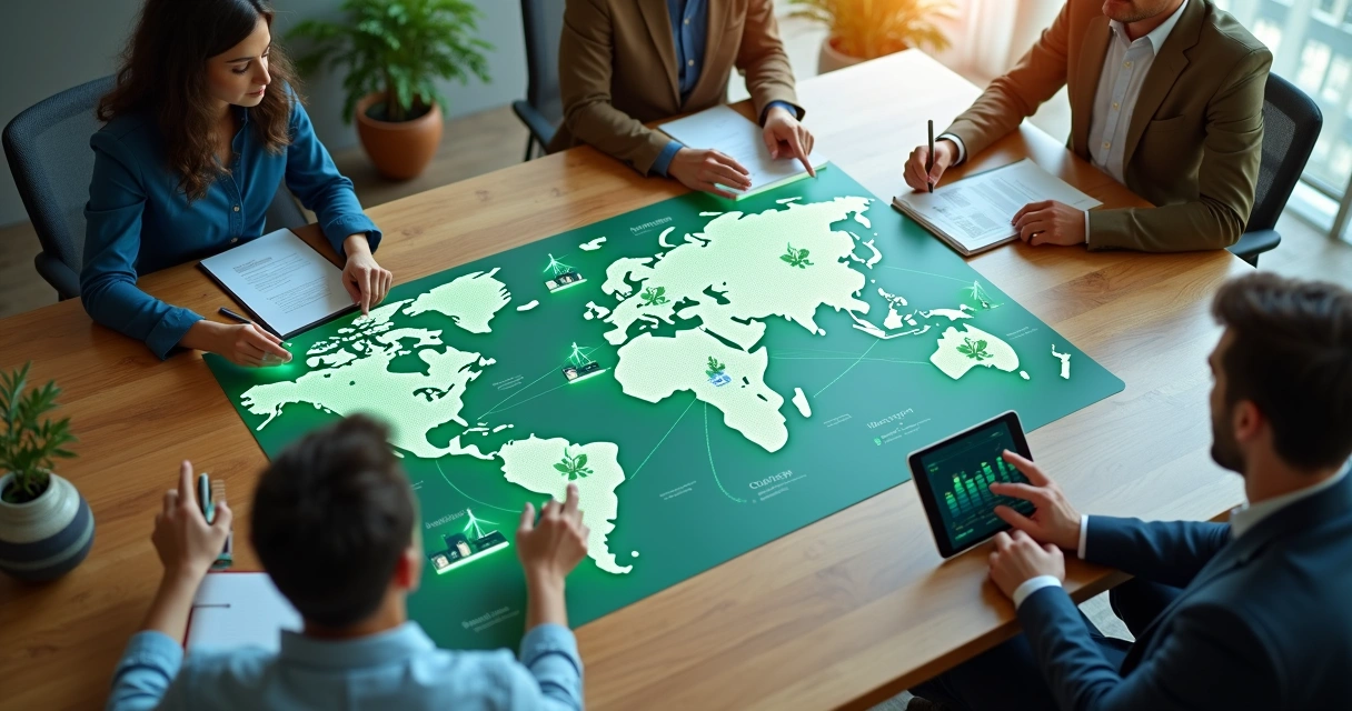 Global ethical supply chain network connecting people, products and sustainability icons 