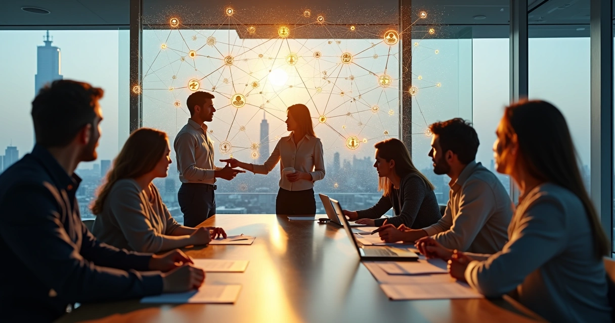 Diverse team collaborating around a glowing network diagram symbolizing ethical systems at scale 