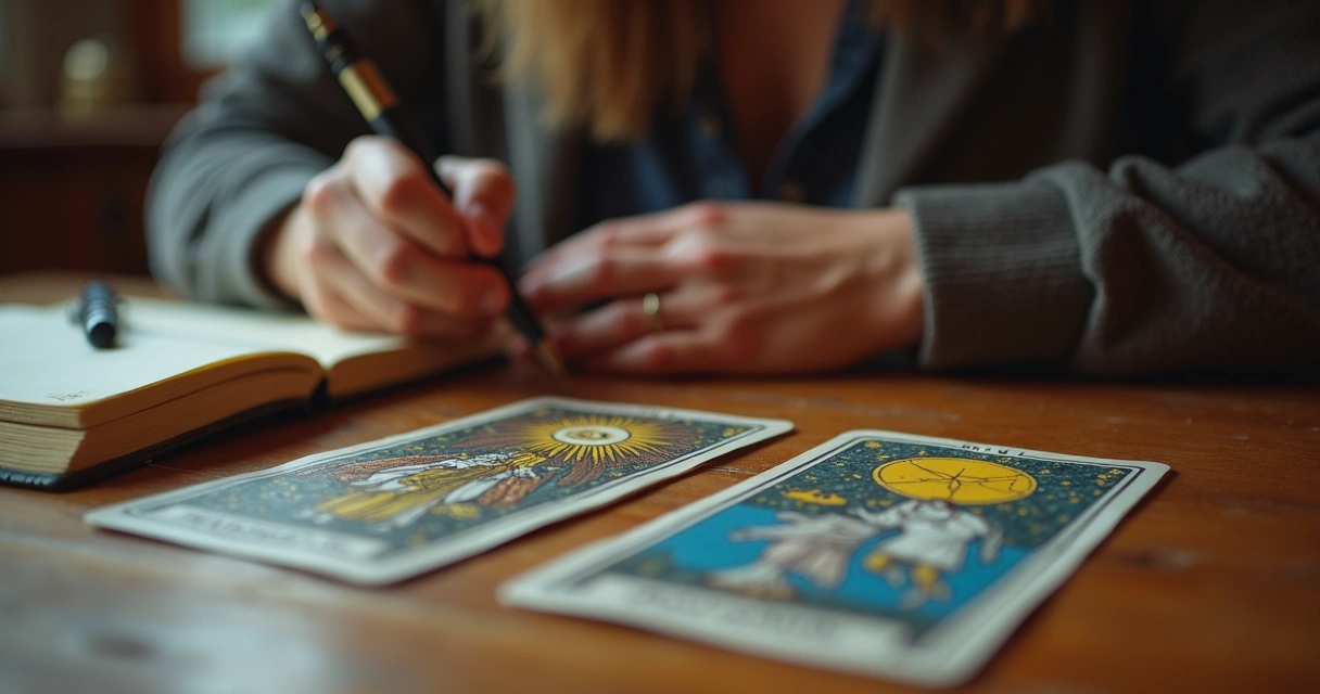 Tarot reader considering cards with thoughtful expression 