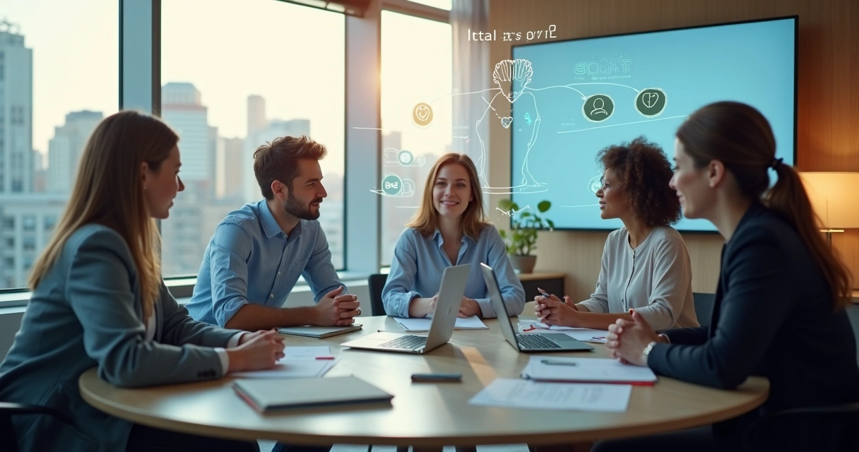 Diverse team in modern office around round table with ethical values icons floating above 