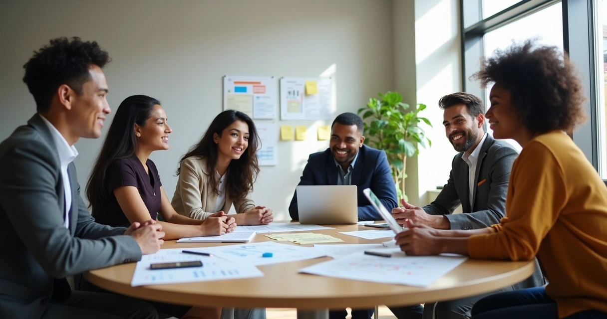 Diverse group discussing ethical impact around a table 
