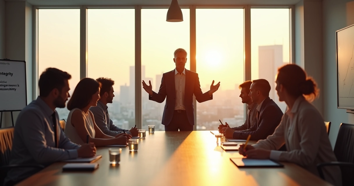 Diverse team in a meeting with leader standing at head of table 