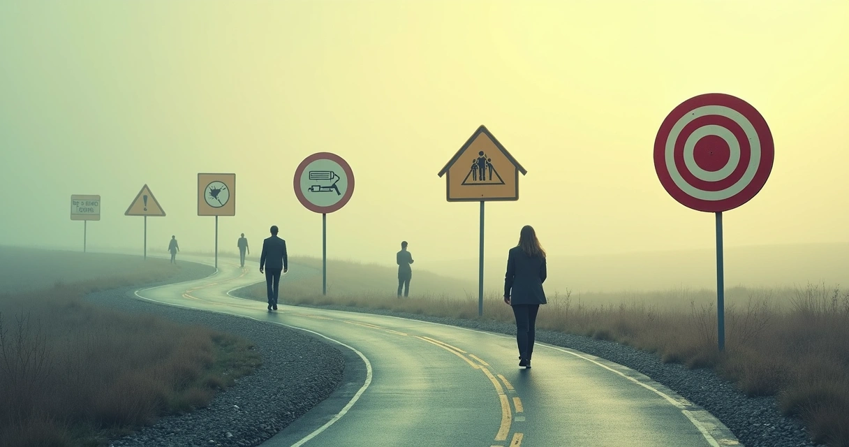 Concept of warning signs in organization, a road with ethical danger signs ahead 