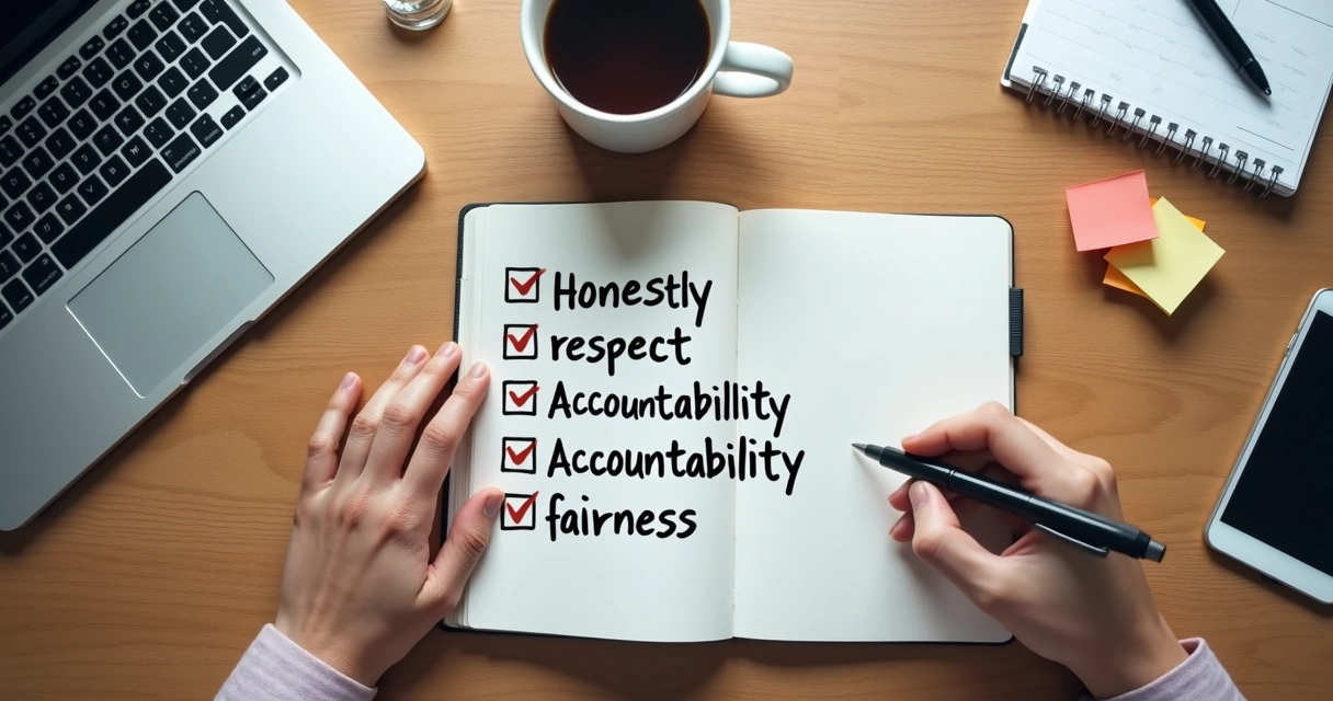 Desk items showing notes about honesty respect and accountability at work