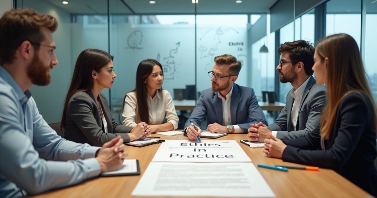 Diverse team in modern office discussing ethics guidelines around a table 