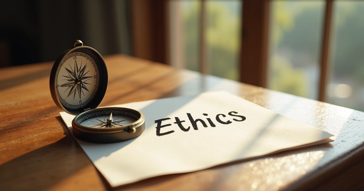 Wooden compass and paper with word ETHICS on table