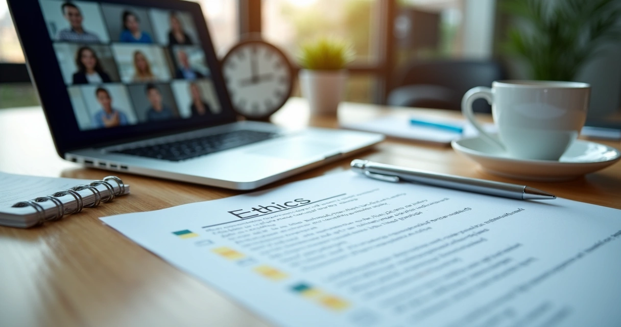 Printed ethics checklist beside laptop and notebook