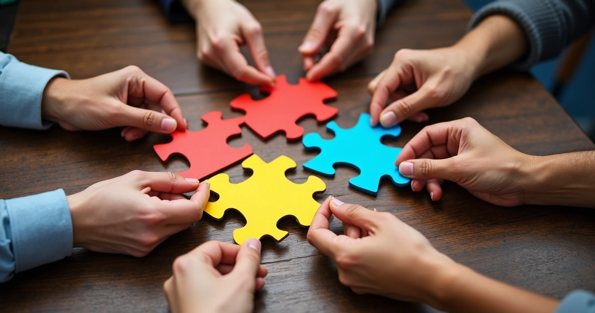 Hands of several people holding puzzle pieces of different colors over a table 