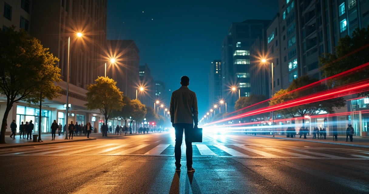 Person standing at a crossroads in a chaotic city making a calm ethical decision 