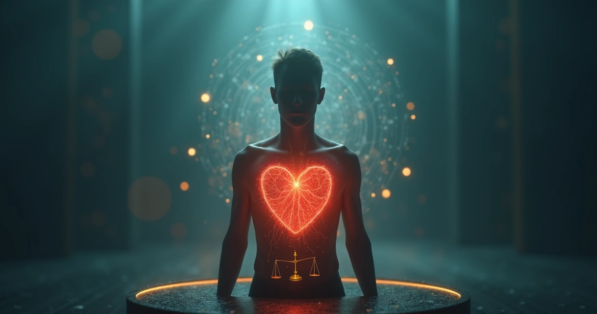 Human silhouette balancing heart and scale of justice over abstract brain background 