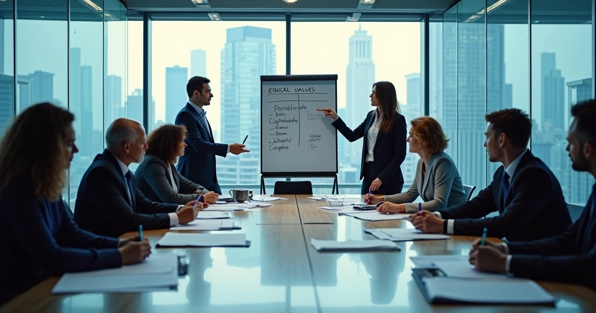 People in a boardroom discussing values and ethical policies together 