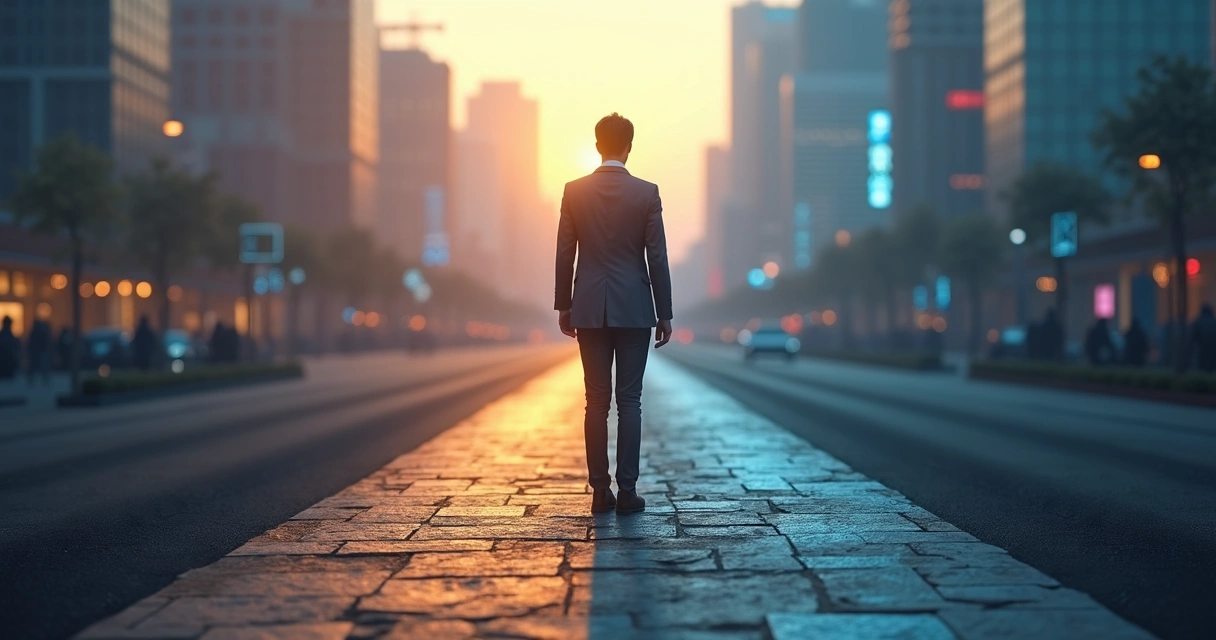 Person standing between a glowing focused path and a chaotic distracted path 