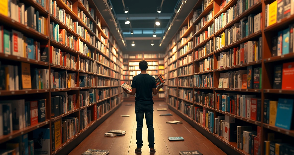 Person in a book labyrinth choosing between manipulative hype and mindful guidance 