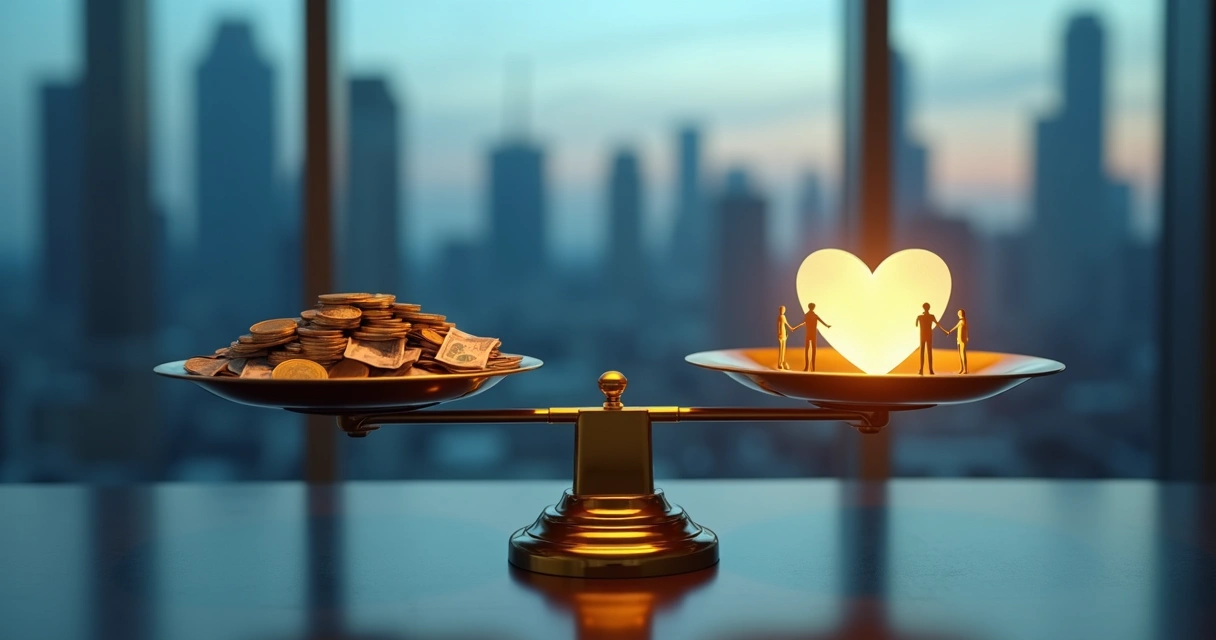 Golden scales balancing currency on one side and a glowing heart on the other 