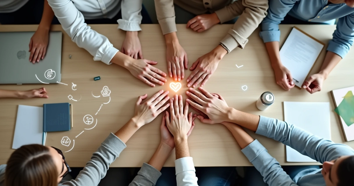 Manos unidas sobre una mesa con iconos de ética y sostenibilidad 