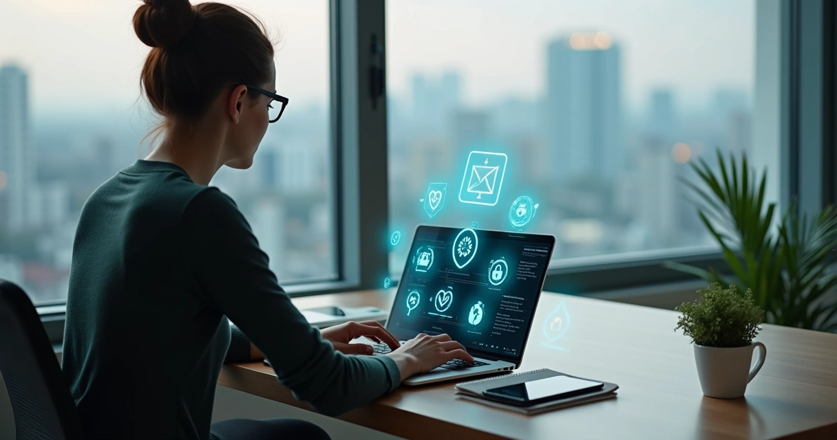 Pessoa usando notebook cercada por ícones digitais e símbolos de ética 