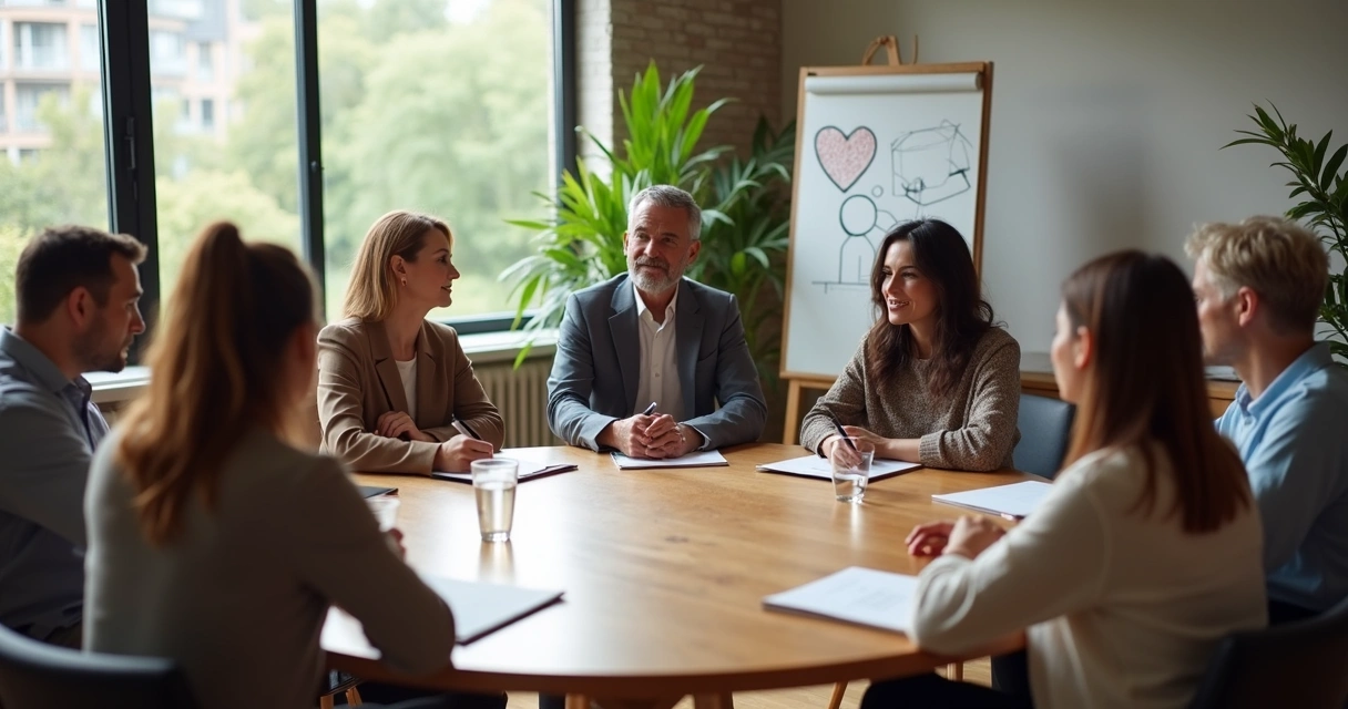 Grupo diverso reunido em círculo em sala de reunião iluminada simbolizando ética e maturidade 