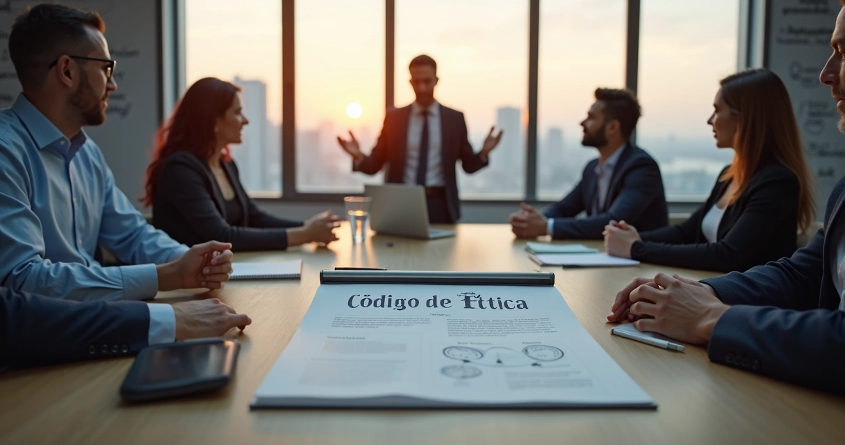 Equipe diversa em reunião corporativa com foco em código de ética na mesa 