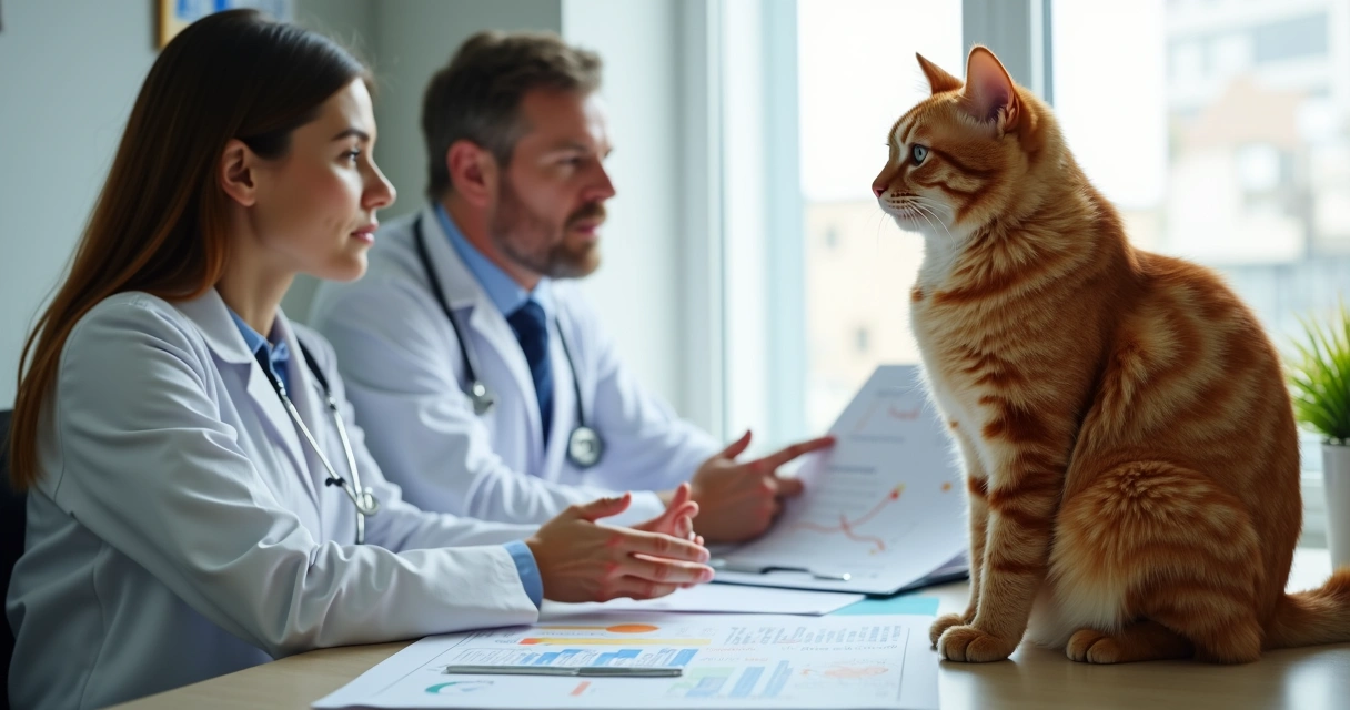 Veterinário explicando tratamento ao tutor de gato com postura empática 
