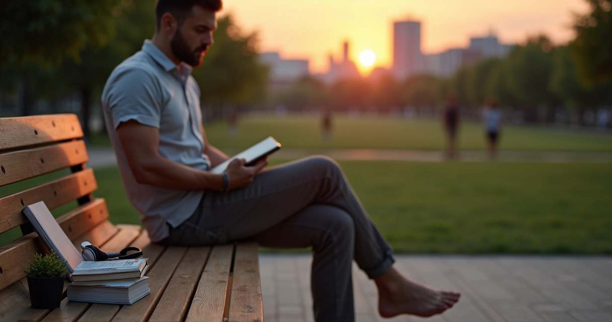 Pessoa sentada refletindo sobre autocuidado em ambiente urbano calmo 