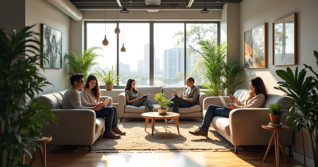 Ambiente de trabalho moderno com área de descompressão e plantas