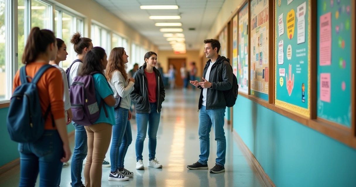 Corredor de escola com alunos conversando sob pôsteres sobre ética e bem-estar 