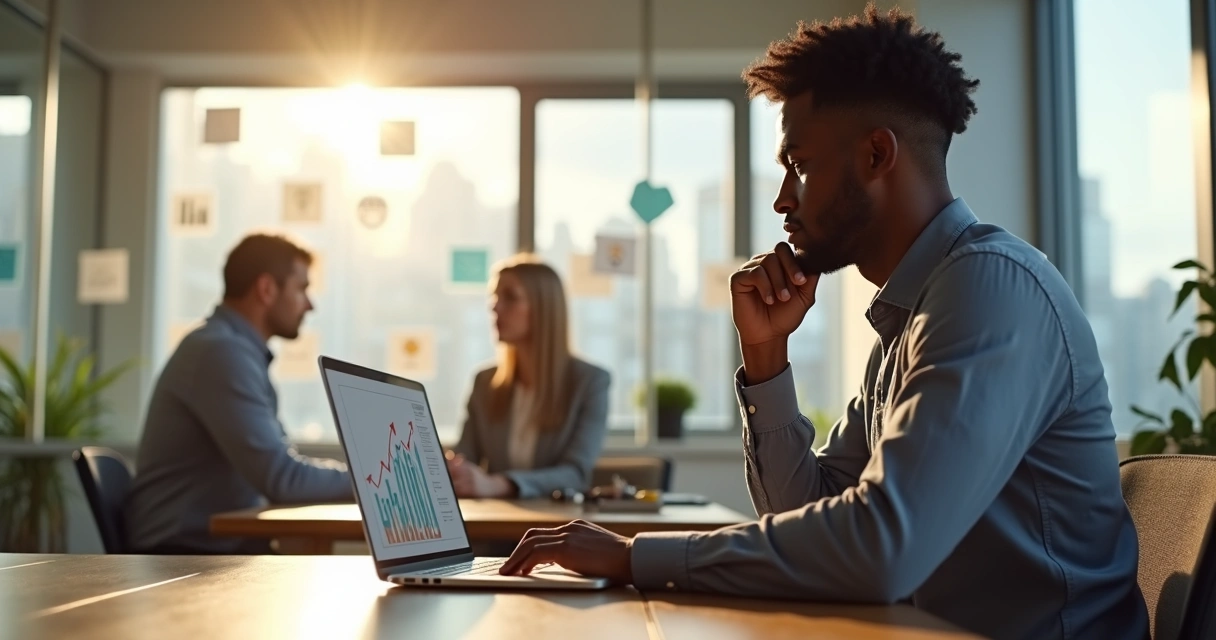 Profissional em reunião contemplando balanço entre ética e sucesso na carreira 