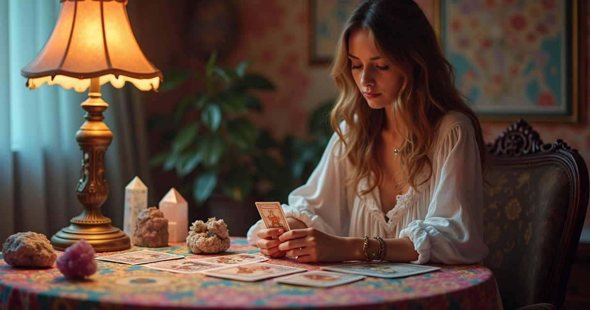 Cartomante com cartas nas mãos em mesa decorada estudando perguntas 
