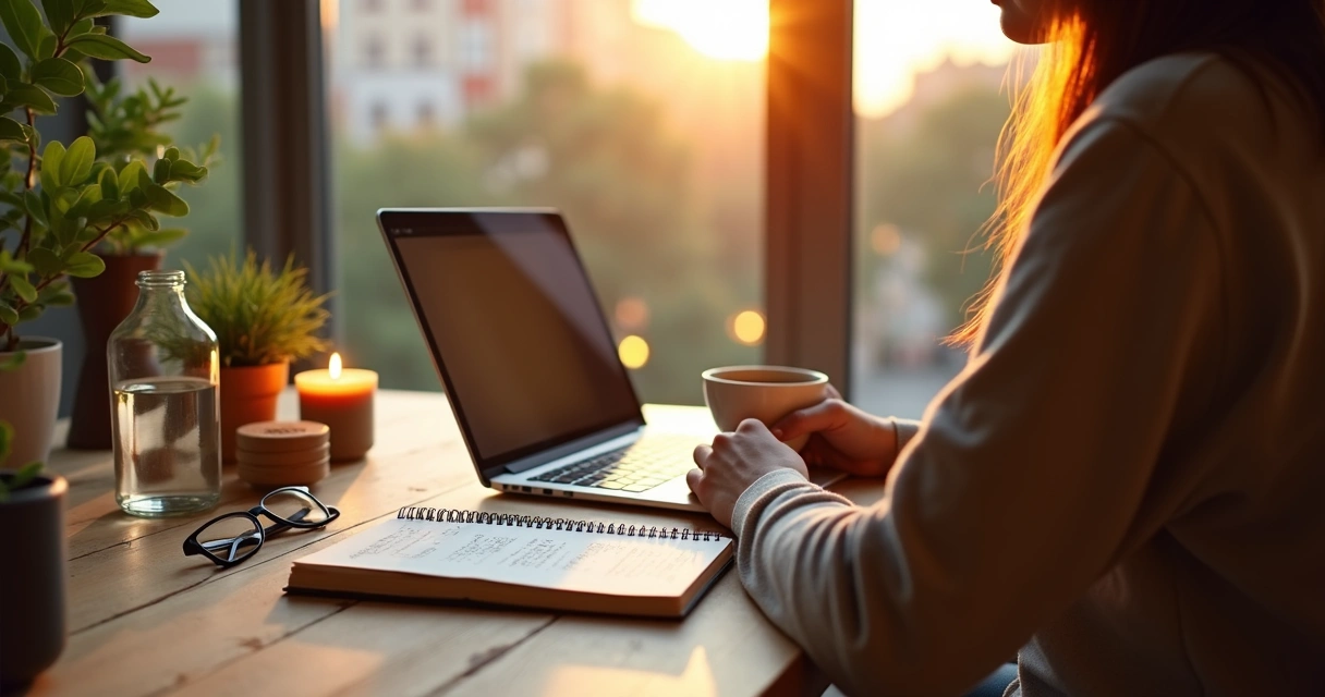 Persona reflexionando frente a una ventana equilibrando trabajo y autocuidado 