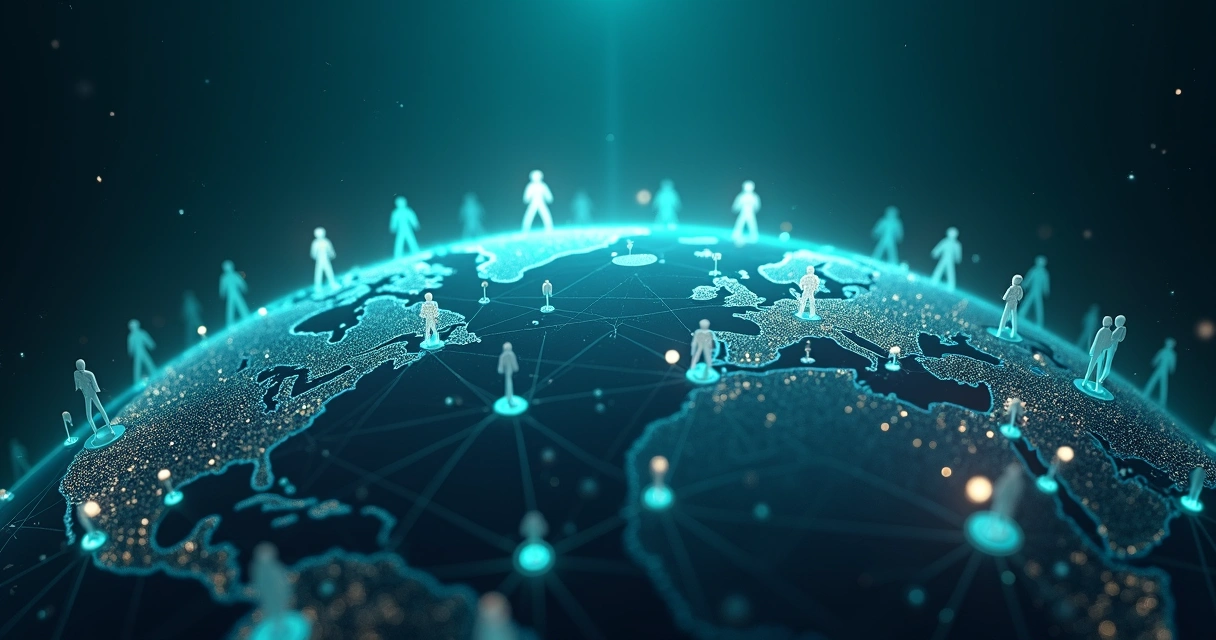 Rede de pessoas conectadas ao redor do planeta em ambiente digital azul 
