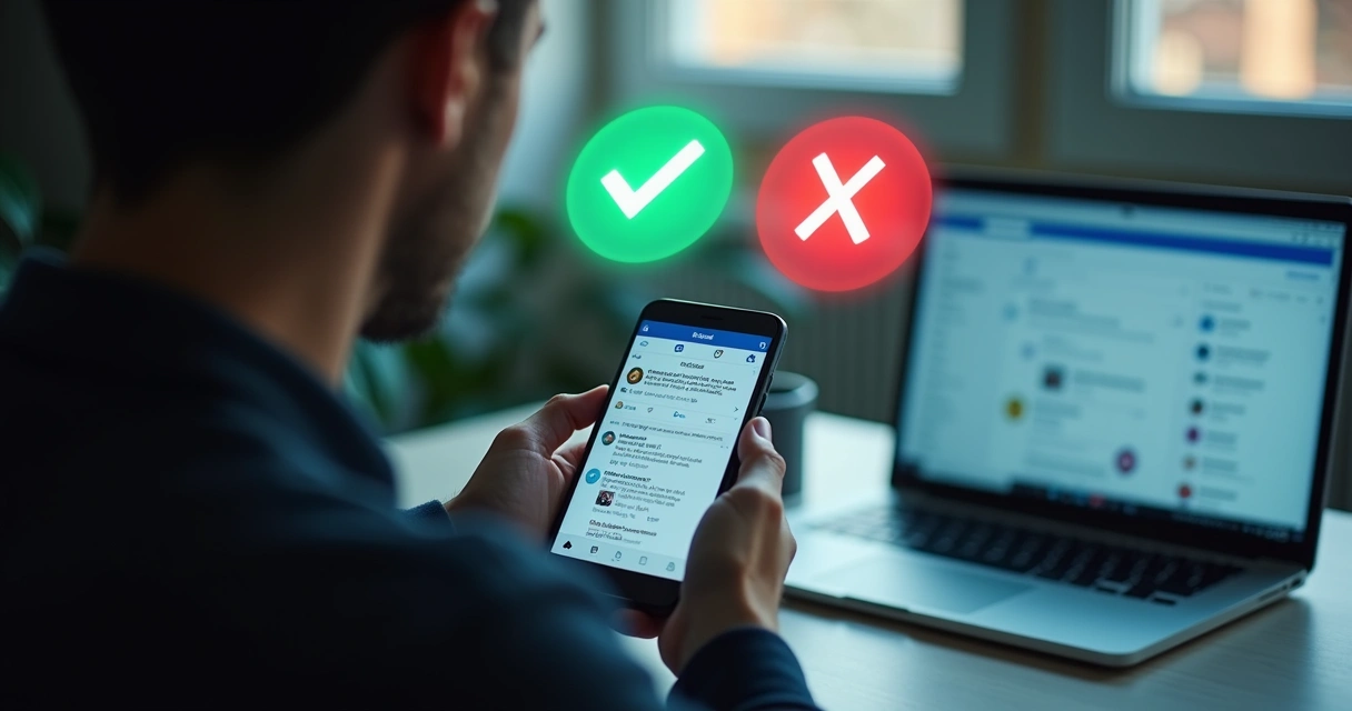 Pessoa segura smartphone com redes sociais enquanto avalia ícones de certo e errado na tela 