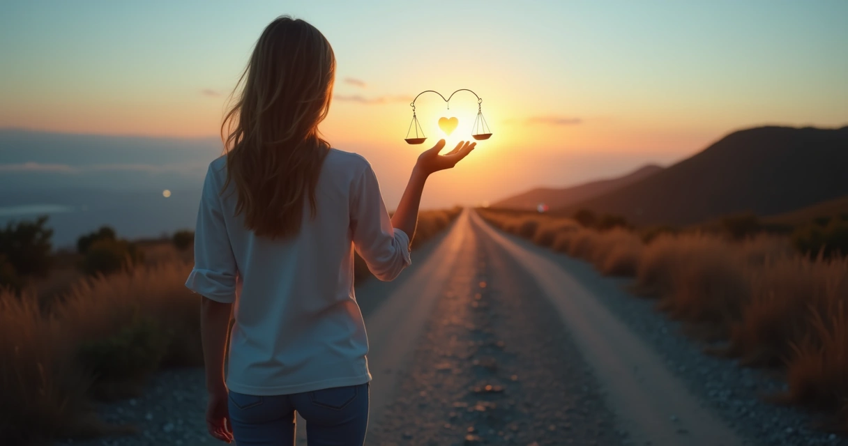 Persona en cruce de caminos sosteniendo un corazón luminoso y una balanza 