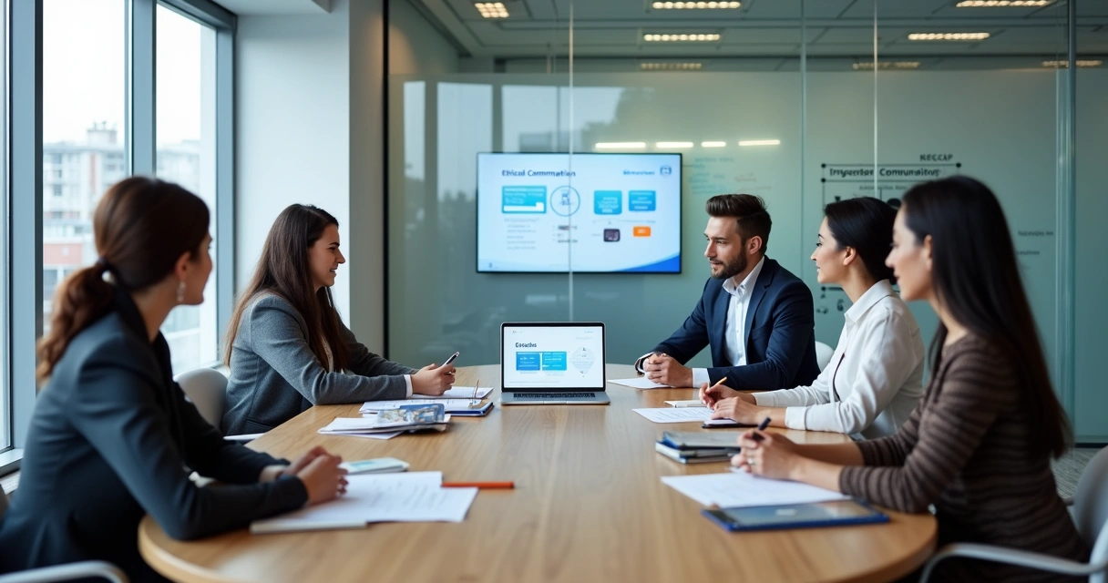 Equipo de oficina dialogando sobre ética en la comunicación interna 