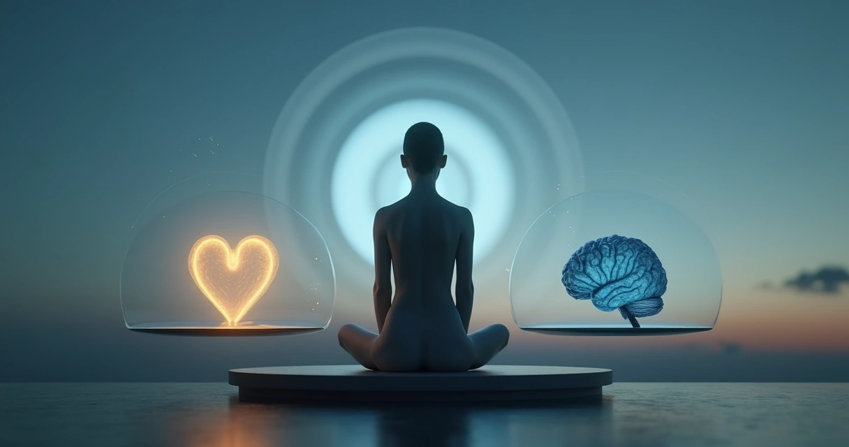 Figura humana pensativa frente a balanza de luz y sombra 