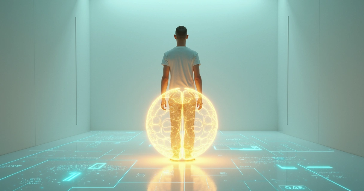 Figura humana observando una esfera luminosa rodeada de circuitos digitales 