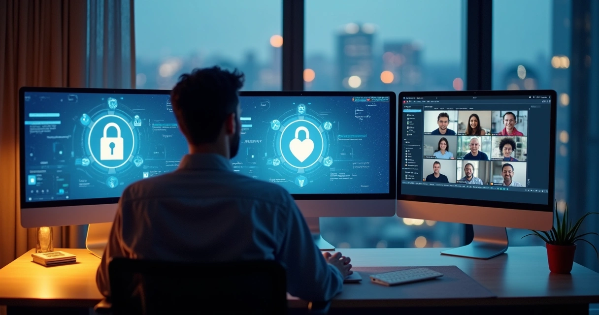 Pessoa conectando-se com outras por telas em ambiente digital com foco em confiança e ética 