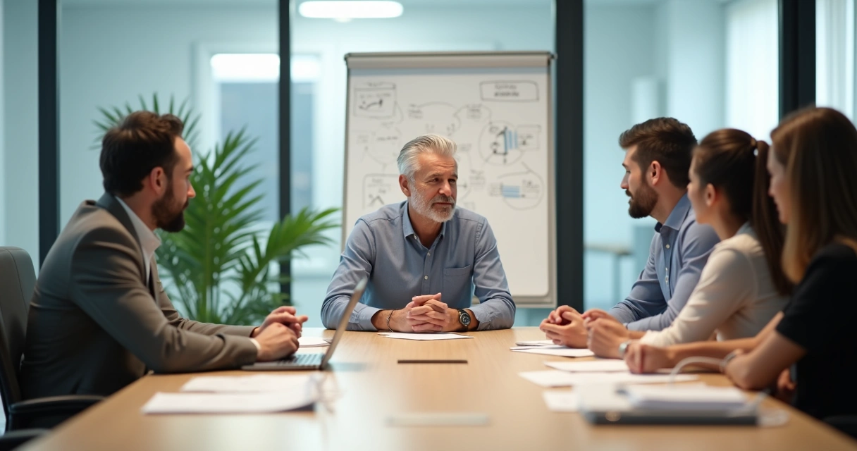 Líder mediando conflito entre colegas em reunião de empresa moderna 
