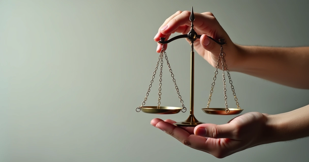 Mão segurando balança da ética sobre fundo neutro 